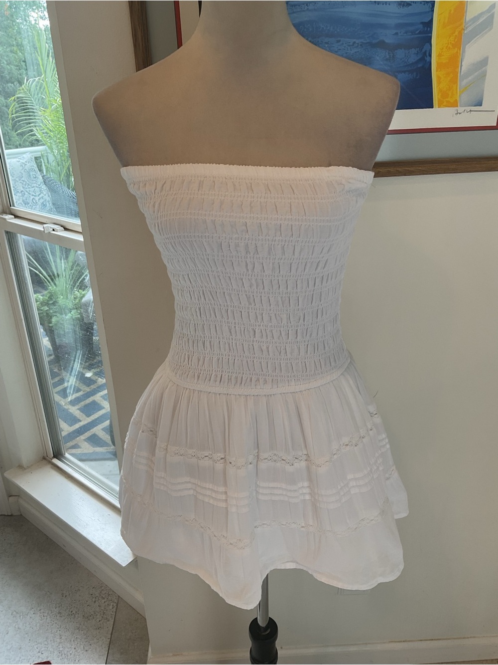 Hollister Cotton Strapless White Smocked Mini Dress